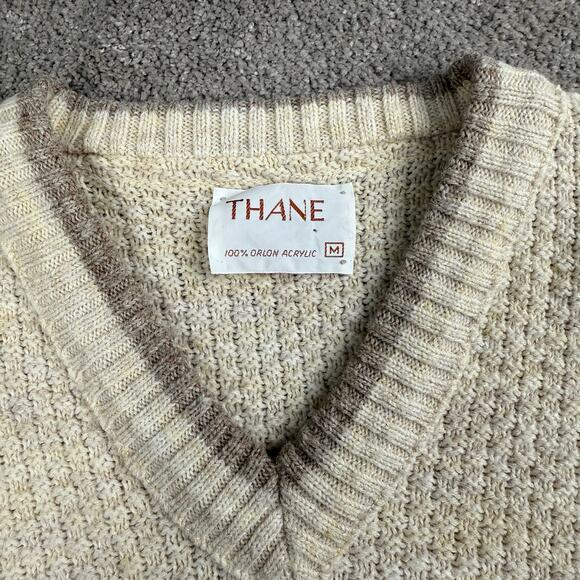 Vintage Striped V-Neck Sweater Size M Beige, Brown Blue Waffle Grandpa Academia - Picture 4 of 4